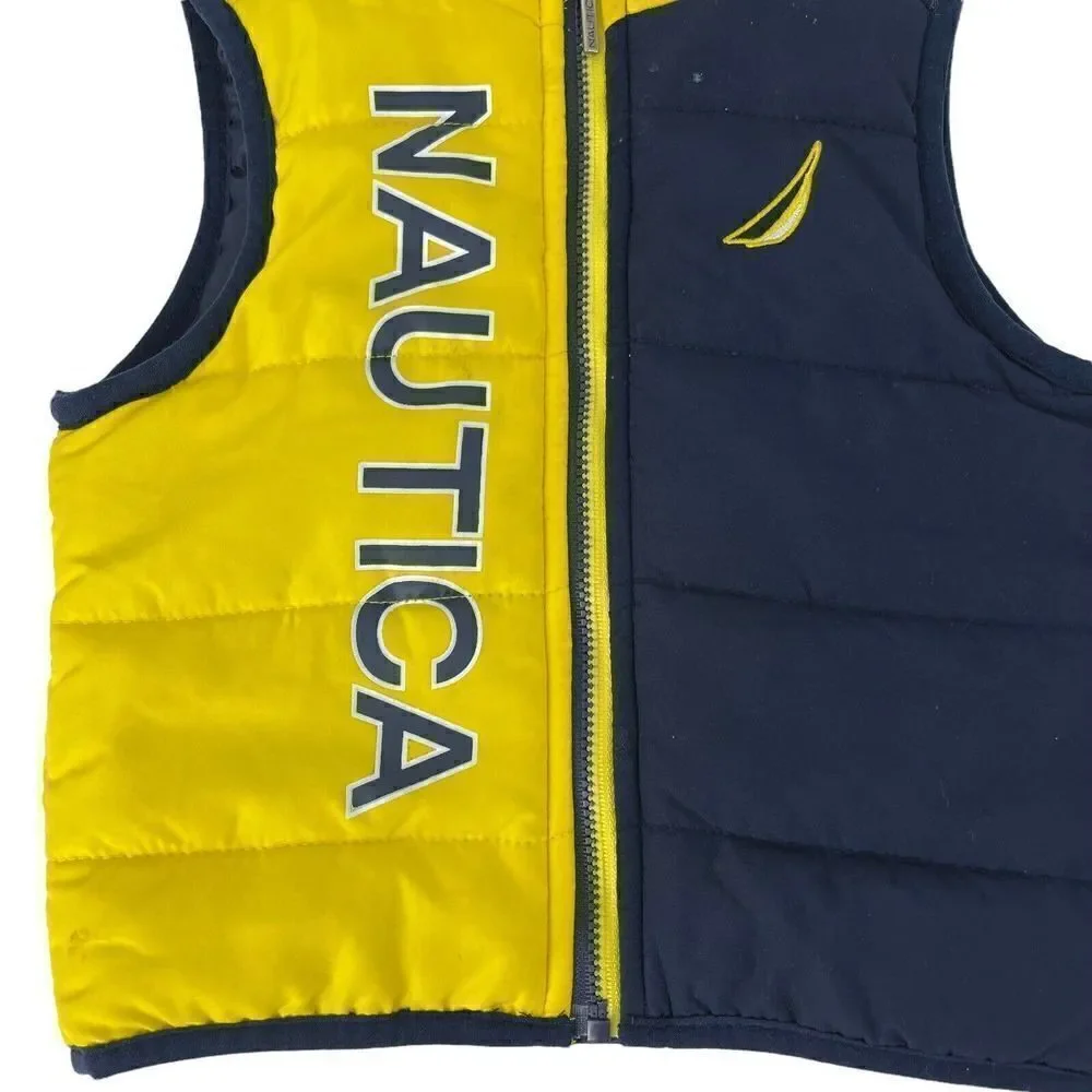 Nautica Spellout Puffer Vest Logo Color Blocked Yellow Blue Baby Size 6-9 Month